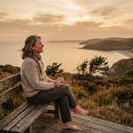 Woman sitting barefoot on a bench with coffee overlooking a coastal sunset